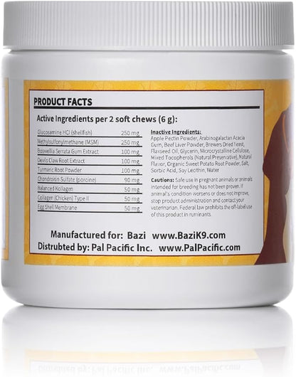BAZI Hip & Joint Dog Chews – Glucosamine, Chondroitin, MSM, Turmeric & Collagen for Joint Health & Mobility – High-Potency Supplement for Dogs of All Breeds & Sizes – Active Lifestyle Support
