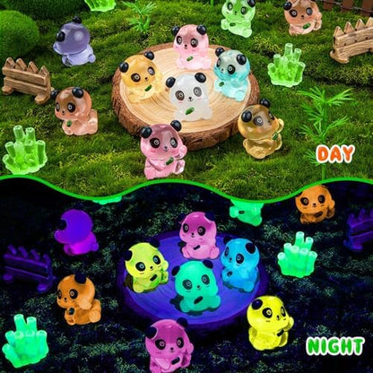18PCS Luminous Mini Resin Panda Figurines with 2 Bamboos for Dollhouse