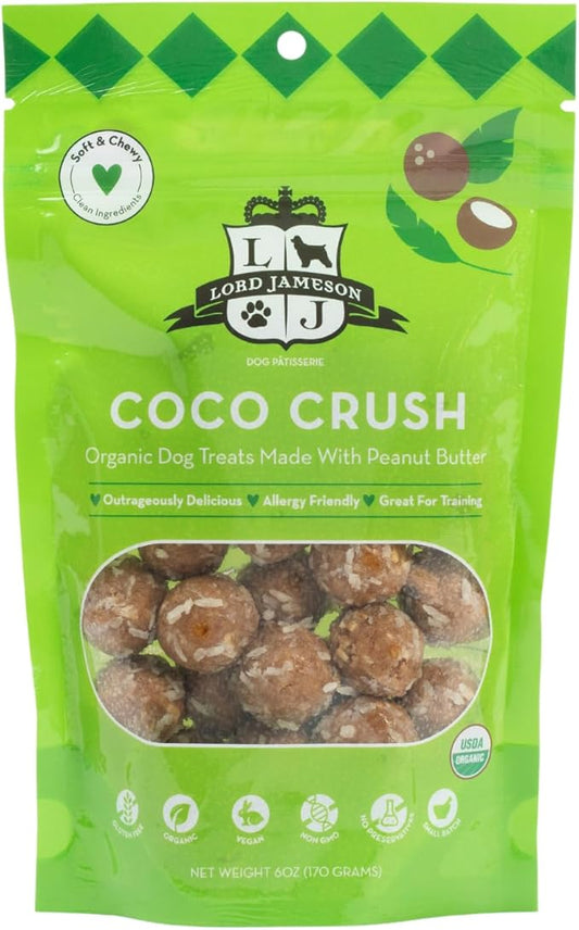 Lord Jameson: Coco Crush 6 oz - Dog Patisserie Treats, Organic Soft & Chewy No-Bake Recipe, PB & Coconut Superfood Bites, Gluten & Preservative Free