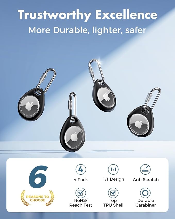 UNBREAKcable for AirTag Holder Case with Professional Carabiner, 4 Pack | Waterproof, Shockproof, Hold Securely, Easy to Install, Protective AirTag Keychain for Keys, Pets, Luggage-Black