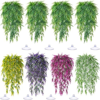 Suncalla 8 Pack Reptile Plants Terrarium Hanging Plant Vine Boston Climbing Terrarium Plant with Suction Cup for Bearded Dragons Lizard Crested Gecko Snake Crab Tank(Bright Series,5 Colors)
