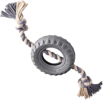 Pet Passion Natural Rubber Tire and Organic Cotton Rope Pull and Chew Dog Toy for All Pet Breeds, Gray, Large