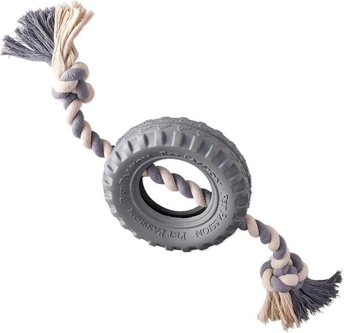Pet Passion Natural Rubber Tire and Organic Cotton Rope Pull and Chew Dog Toy for All Pet Breeds, Gray, Small