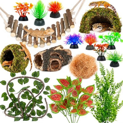 17 Pcs Bearded Dragon Tank Accessories Hermit Crab Accessories Natural Habitat Toy Artificial Moss and Plants Suction Cups for Lizard Chameleon Leopard Gecko Reptile Amphibian Tank Decoration