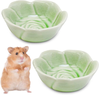 BNOSDM 2 Pcs Hamster Ceramic Food Bowl Flower Series Gerbil Drinking Bowls Anti-Turning Food & Water Dish for Dwarf Syrian Hamsters Gerbil Chinchilla（Green, Rose Pattern）