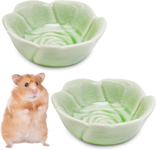 BNOSDM 2 Pcs Hamster Ceramic Food Bowl Flower Series Gerbil Drinking Bowls Anti-Turning Food & Water Dish for Dwarf Syrian Hamsters Gerbil Chinchilla（Green, Rose Pattern）