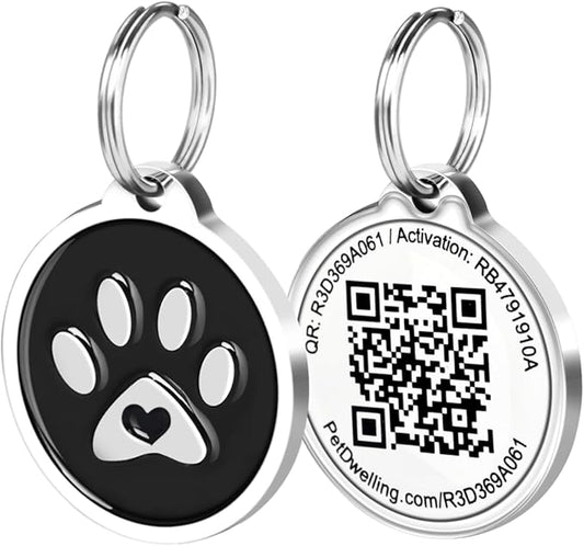 Pet Dwelling QR Code Pet ID Tag – Smart Dog & Cat ID Tags for Pet Safety, Free Personalized Online Profile, Instant Scan Alerts, AI Insights (Black Paw)