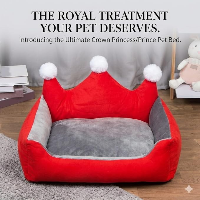 Cute Crown Pet Princess Beds for Small Dogs Luxurious Crown Dog Priness Beds Winter Warm Puppy Cat Sofa Bed Shih Tzu Yorkies Kennels Removable Mascotas Supplies (Red Crown, M Below 9.0kg)