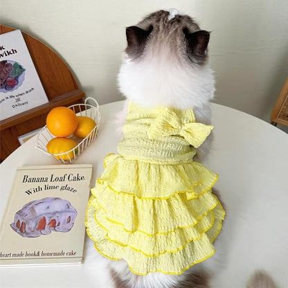 2 Pack Summer Dog Dresses with Bow Girl Puppy Clothes for Small Dog Spring Cat Outfit Sleeveless Pet Tiered Layered Cake Dress for Kitten Chihuahua Pomeranian Yorkie (Pink Yellow, Large)