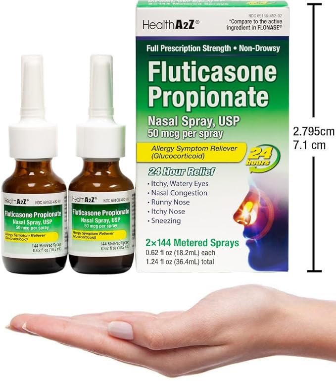 HealthA2Z® Fluticasone Propionate Nasal Spray | 50 mcg per Spray | 24 Hour Allergy Relief | 144 Sprays | 0.62 fl oz. (18.2mL) (0.62 fl oz. (Pack of 2))