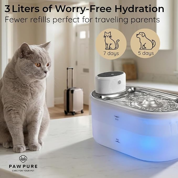 Cat Water Fountain Stainless Steel & Cordless Dog Water Fountain, Automatic Pet Water Dispenser Bowl, Wireless 30-Day Battery, 20dB Ultra-Quiet, for Cats & Small/Medium Dogs, 3L/108oz