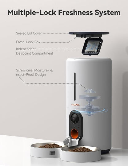 WOPET Automatic Cat Feeder with Camera for Two Cats, 6L Automatic Dog Feeder with HD Video and Night Vision, 5G/2.4G WiFi Pet Feeder for Cats & Dogs, SD Card Storage & 2-Way Audio