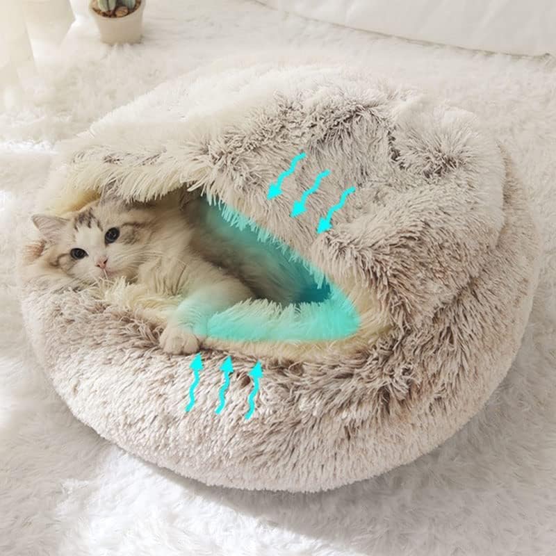 Round Fluffy Hooded Cat Bed Cave, Anti-Anxiety Cave Bed with Blanket