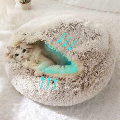 Round Fluffy Hooded Cat Bed Cave, Anti-Anxiety Cave Bed with Blanket