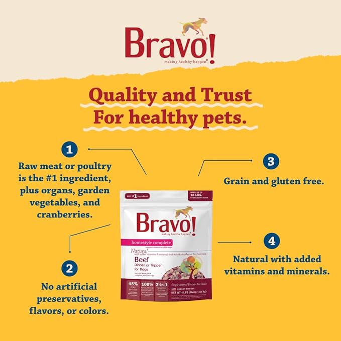 Bravo! Homestyle Complete Freeze Dried Raw Dog Food or Topper, Beef, 4 Pounds, Add Water to Rehydrate for up to 18 Pounds of Food, Grain Free, Gluten Free