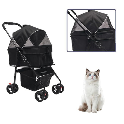 SUNNYFEEL Pet Stroller for Small Dogs and Cats, Iron Two-in-one Split, One-Click Foldable Dog Stroller, Holds up to 45 lbs, Storage Basket & Side Bag, Breathable Mesh, Black-pro
