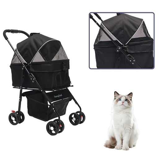 SUNNYFEEL Pet Stroller for Small Dogs and Cats, Iron Two-in-one Split, One-Click Foldable Dog Stroller, Holds up to 45 lbs, Storage Basket & Side Bag, Breathable Mesh, Black-pro