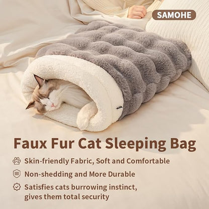 Self-Warming Cat Sleeping Bag, Enclosed Hooded Snuggle Sack with Dual-Side Plush Cat Cave Bed, Portable Foldable Pet Sleeping Pod for Indoor & Travel, Anti-Static, 21.7"x17.7"Pink