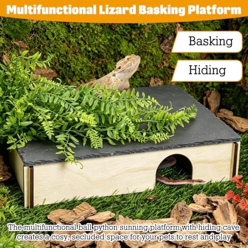 PINVNBY Large Bearded Dragon Basking Platform, Wooden Snake Hide, Ball Pythons Hide with Slate Rock, Leopard Gecko Tank Accessories for Crested Gecko Chameleon Turtles (XL: 15.7x9.84x2.76 inches)