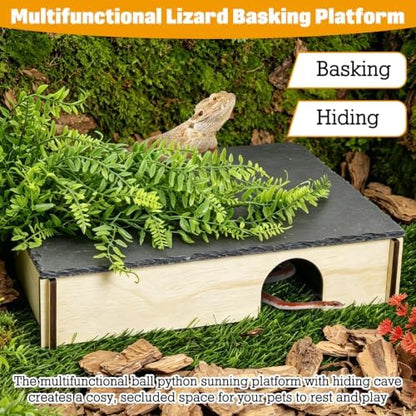 PINVNBY Large Bearded Dragon Basking Platform, Wooden Snake Hide, Ball Pythons Hide with Slate Rock, Leopard Gecko Tank Accessories for Crested Gecko Chameleon Turtles (XL: 15.7x9.84x2.76 inches)