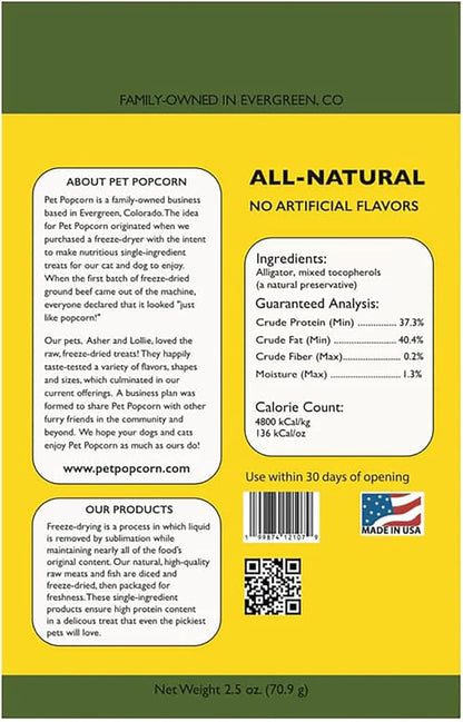 Freeze-Dried Raw Treats - Alligator - 2.5oz Bag, Dog & Cat Snacks, 2 Ingredients, Natural, Pet Food Topper, Novel Protein‑Packed Meat