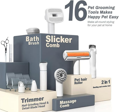 Bunfly Dog Grooming Kit,13000Pa Strong Grooming & Vacuum Suction 99.99% Pet Hair, 16 Pet Grooming Tools for Dogs Cats, 3L Large Capacity Dust Cup, Quiet Pet Vacuum Groomer (Grey)