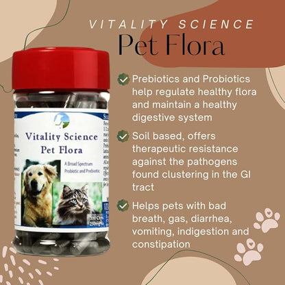 Vitality Science Pet Flora – Natural Probiotics for Cats & Dogs | Digestive Support Supplement | Cat Constipation & Dog Gas Relief | Daily Gut Health Probiotic (250 Capsules)