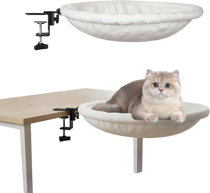 Desk Cat Hammock Bed, 360° Rotation Clamp-On Pet Perch for Home Office & Gaming Desks, No-Drill Space-Saving Cat Bed, 16.5" Round Supports 50 lbs, Includes Soft Washable Pad