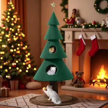 YITAHOME 60 in Christmas Cat Tree for Indoor Cats, Tall Cat Tower Furniture with 2 Large Condos, 5ft Christmas Tree Party Decoration with Cat House and Beds