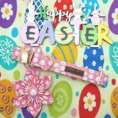 Easter Dog Collar-Pink Rabbit Print Adjustable Cute Pet Collar Soft Pink Flower Dog Collars with Flower Holiday Cotton Metal Buckle Puppy Collar Gift for X-Small Dogs