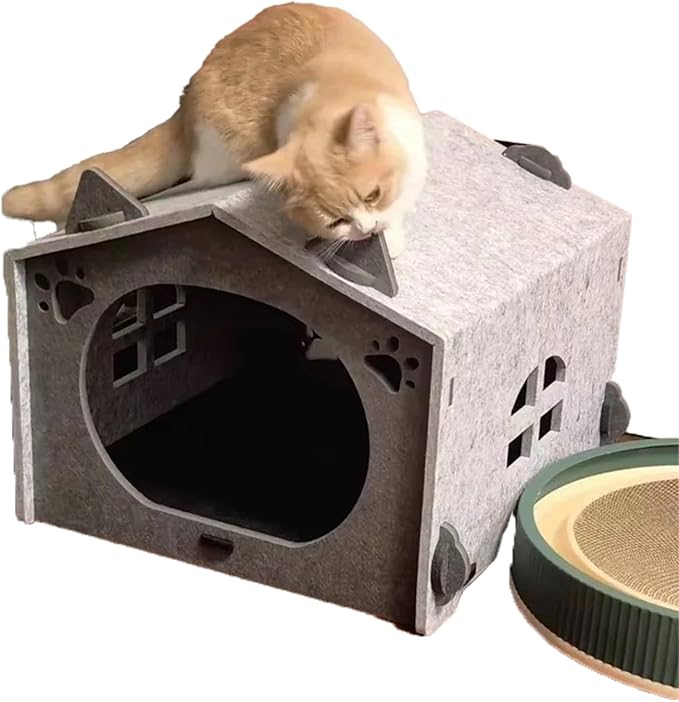 Removable Folding Model Cat Cottage Cat Bed, All Season Useful Litter Box, Fun for Cats or Dogs, The Peekaboo Foldable Felt Cat Cave and Cube for Small Medium Large Cats, Grey