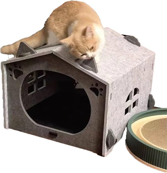Removable Folding Model Cat Cottage Cat Bed, All Season Useful Litter Box, Fun for Cats or Dogs, The Peekaboo Foldable Felt Cat Cave and Cube for Small Medium Large Cats, Grey