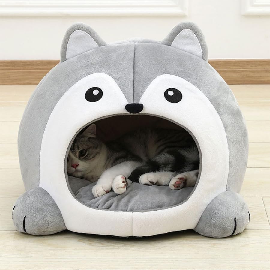 Pawversa Cute Cat Bed for Indoor Cats, Soft Cozy Cat Cave Bed, Dog House Cats Tent Breathable & Washable, Soft Warm Pet House Cat Bed, Pet Nest for Small Medium Large Cats and Dogs, Grey (Medium)
