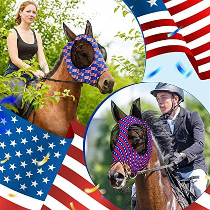 Frienda 4 Pcs 4th of July Horse Fly Mask with Ears 250th Anniversary Horse Face Covering Elasticity Smooth Comfortable Mask with UV Protection for Patriotic Independence Day(Large)