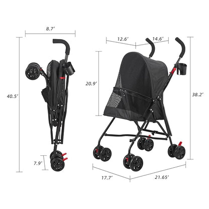 Pet Stroller Oxford Cloth Foldable Dog Strollers for Small Dogs and Cats Suitable for All Road Surfaces Wide-View Panoramic Window 4 Wheels with Brakes Portable Design, Easy to Store (Grey)
