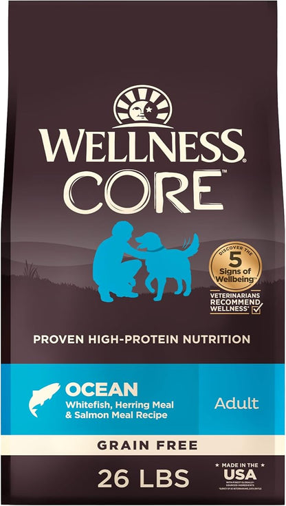 Wellness CORE Adult Dry Dog Food, Grain Free Kibble, Natural, High Protein, Chicken Free, Whitefish, Herring and Salmon Recipe, 26 lb Bag