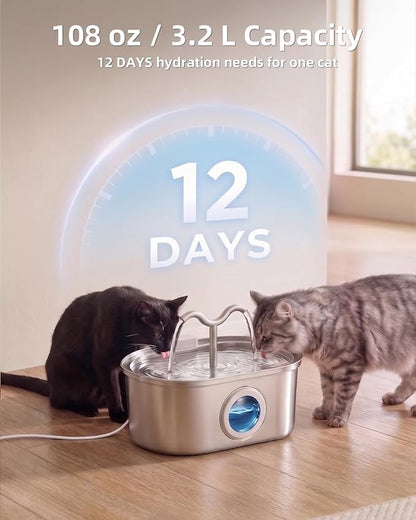 3.2L/108oz Stainless Steel Cat Water Fountain Pet Fountain | Automatic Pet Water Dispenser - Self-Designed Filtration System - Ultra-Quiet Pump - Easy Cleaning & Maintenance (6 Filters)