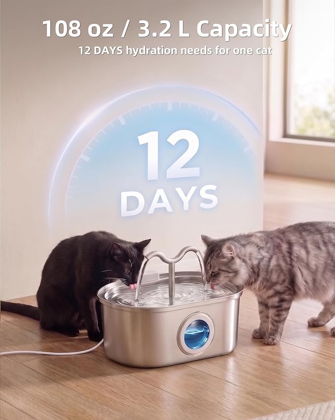 3.2L/108oz Stainless Steel Cat Water Fountain Pet Fountain | Automatic Pet Water Dispenser - Self-Designed Filtration System - Ultra-Quiet Pump - Easy Cleaning & Maintenance