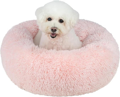 Best Pet Supplies Round Calming Dog Bed for Small, Medium & Large Dogs, Plush Donut Cuddler Pet Bed w/Raised Rim for Head, Neck Support, Anti-Slip Bottom Washable Bed - Pink, 24 x 24 x 7
