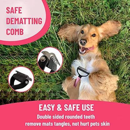 Dog Grooming Kit - Deshedding Brush for Short Hair, Slicker Brush, Flea Comb, Puppy Brush Set in Pink