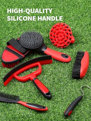 Harrison Howard Horse Grooming Kit 9 Piece with Tote Bag, Non-Slip Horse Brush Set for Shedding, Bathing, Hoof Care, Mane & Tail Grooming, Equine Grooming Supplies Red