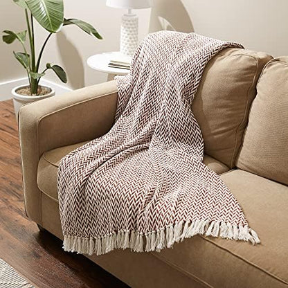 DII Modern Zig Zag Throw Blanket Woven Cotton, Hand-Knotted 2.5" Fringe, 50x60, Cinnamon