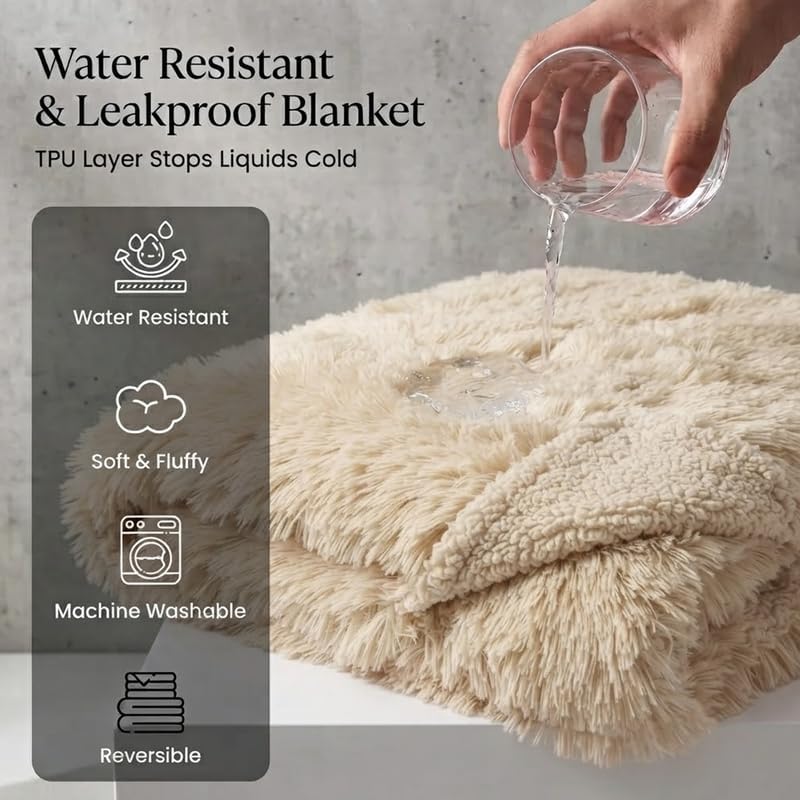 Waterproof Dog Blanket Pet Throw Blankets Fluffy Long Faux Fur Reversible Puppy Blankets 85x57in Furniture Protector Cover for Sofa Bed Couch Bed Cover Washable for Dogs Cats (Beige XL)