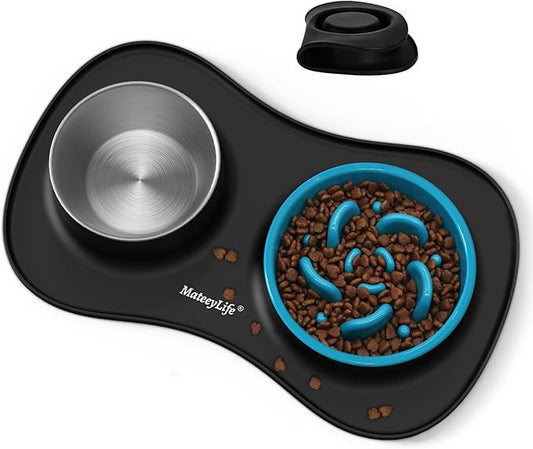 MateeyLife Dog Food and Water Bowl Set 3 in 1, Slow Feeder Dog Bowls & Stainless Steel Water Bowl with Non-Spill Silicone Mat, Cat and Puppy Bowls Pet Dishes for Small Medium Large Breed Anti-Choking