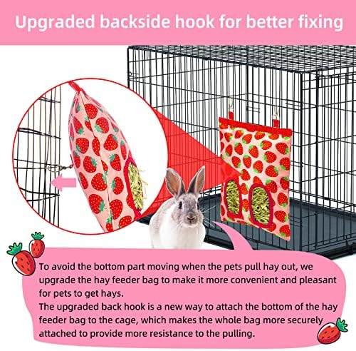 2Packs Large Rabbit Hay Feeder Bag, Upgraded Guinea Pig Hay Feeder with 3 Hooks, Chew Proof Washable Hay Bag for Rabbits Bunny Chinchilla Hamster, Mess Free Grass Holder 2 Holes, 9.8x11.4 Inch