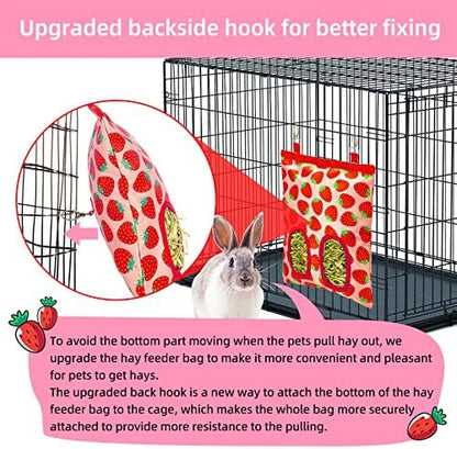 2Packs Large Rabbit Hay Feeder Bag, Upgraded Guinea Pig Hay Feeder with 3 Hooks, Chew Proof Washable Hay Bag for Rabbits Bunny Chinchilla Hamster, Mess Free Grass Holder 2 Holes, 9.8x11.4 Inch