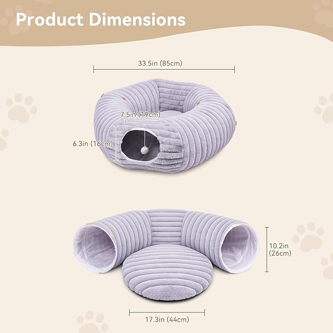 Dogpals Ultra-Soft Cat Tunnel Bed - Soft Washable Cushion, Peekaboo Hideaway Cave for Indoor Cats, Kittens, Puppies, and Rabbits - Deluxe Upgraded with Luxurious Striped Hare-Feel Fabric (Grey)