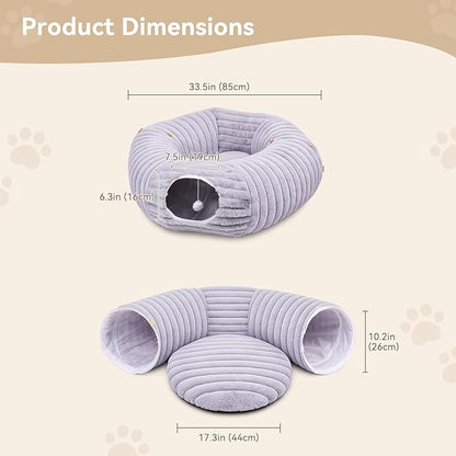Dogpals Ultra-Soft Cat Tunnel Bed - Soft Washable Cushion, Peekaboo Hideaway Cave for Indoor Cats, Kittens, Puppies, and Rabbits - Deluxe Upgraded with Luxurious Striped Hare-Feel Fabric (Grey)