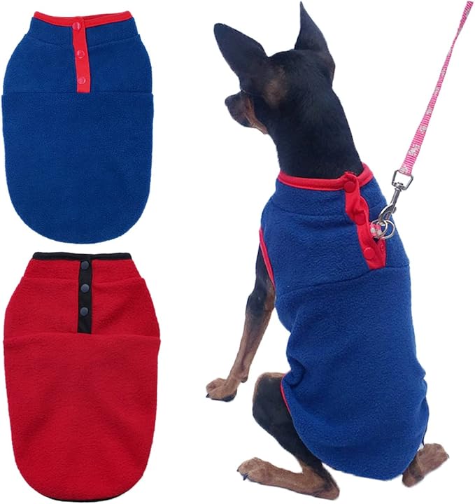 2 Pack Dog Sweater, Warm Puppy Jacket, Autumn Winter Coat, Pet Stretch Fleece Apparel with Buttons for Small Medium Dogs Cats (Red+Blue, Medium)