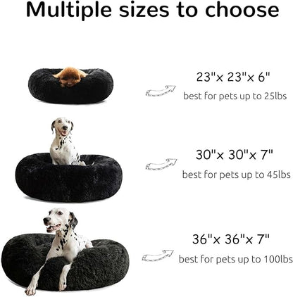 HACHIKITTY Calming Donut Cuddler Dog Bed, Round Fluffy Pet Bed for Small Dogs,Washable, Large, Black, 24''